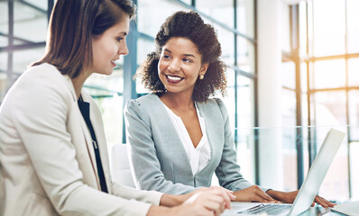 Business people, woman and mentor with laptop in office for human resources introduction and...