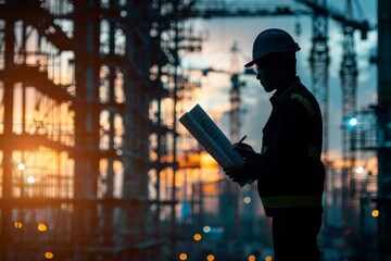 A lone silhouette of an engineer examining blueprints with a backdrop of cranes and scaffolding in the distance , abstract  , background