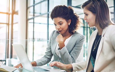 Business people, woman and mentor with discussion on laptop in office for human resources...