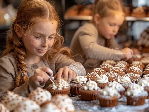 Children decorating cookies or cupcakes at a baking station. 