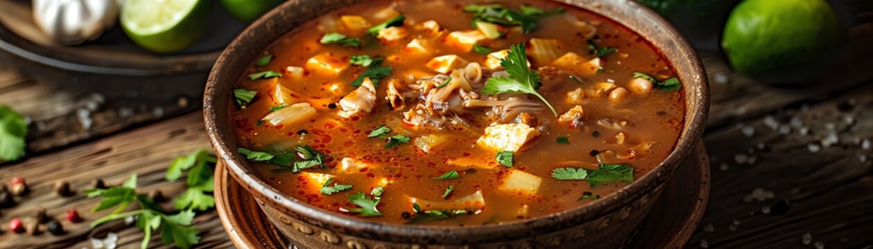 Menudo, tripe soup believed to cure hangovers, served in a Mexican family home