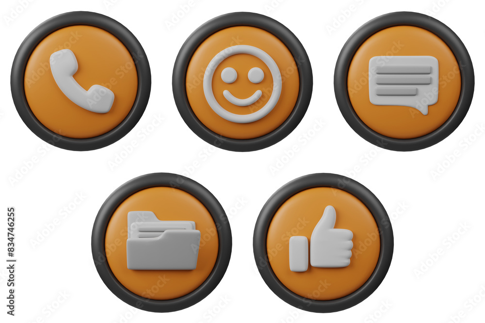 Poster 3d set button icon call, emoji, message, folder and like with orange color and black border for crea