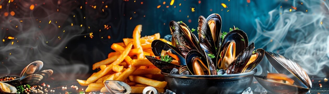 Moules frites, mussels cooked in white wine sauce, served with fries, Belgian beachside cafe
