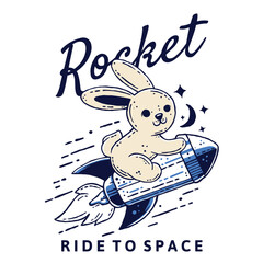 Rocket in Space Retro Design, Vintage Rabbit Illustration for Clothing