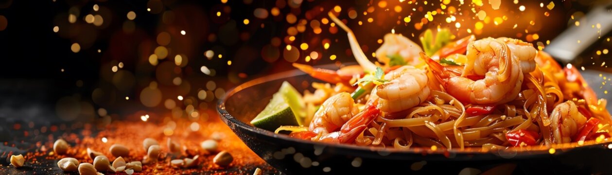 Pad Thai, stirfried noodles with shrimp, peanuts, and lime, bustling Thai street food scene