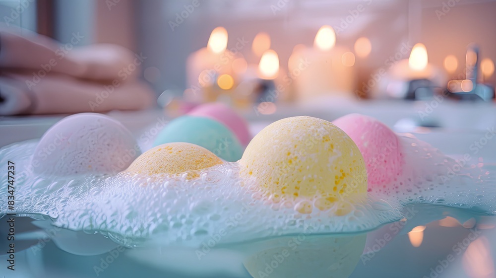 Poster closeup of colorful bath bombs fizzing in a bathtub, creating a luxurious and relaxing atmosphere. g