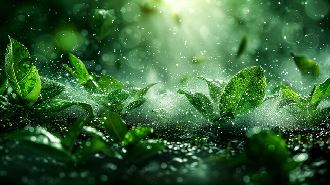 A lush green field with leaves that are wet and shiny. The leaves are scattered throughout the field, and the overall mood of the image is peaceful and serene