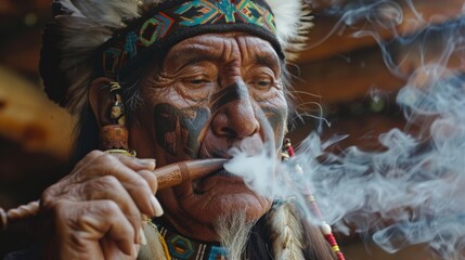 Native American man in traditional headdress smoking a ceremonial pipe.