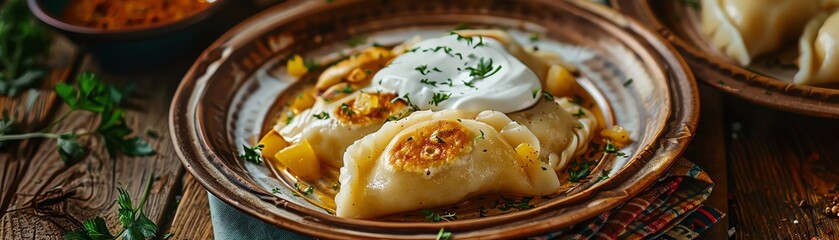 Pierogi, stuffed with potatoes and cheese, served with sour cream, Polish folk festival