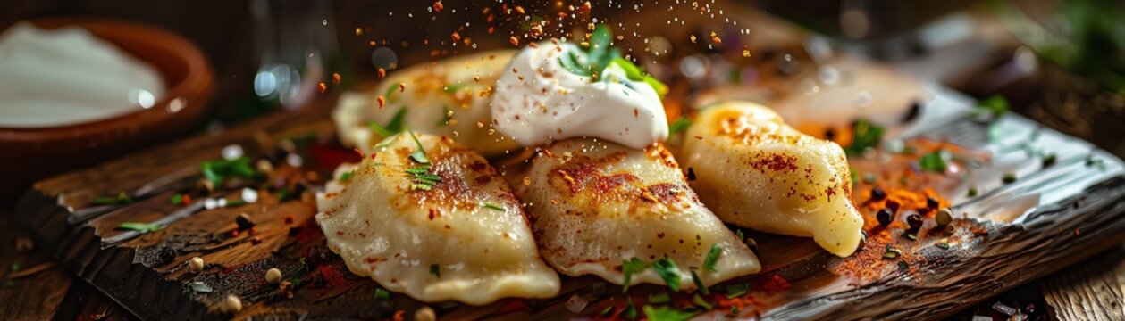 Pierogi, served with a dollop of sour cream and onions, Polish street festival