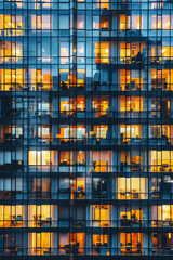 An office building at night, filled with glowing windows like the lights of an urban cityscape, captures the symmetrical arrangement and grid effect. 