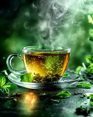 A cup of tea with a green leaf on top of it