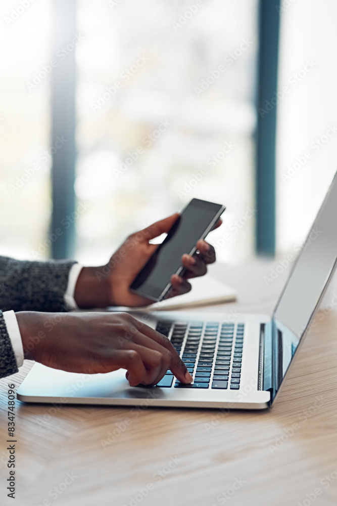 Poster Man, hands and laptop or work with smartphone, online business and website design for creative career. Digital, entrepreneur and keyboard typing for programming on internet, app and networking