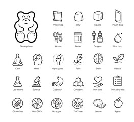Set icons for chews treats, gummy. The outline icons are well scalable and editable. Contrasting vector elements are good for different backgrounds. EPS10.