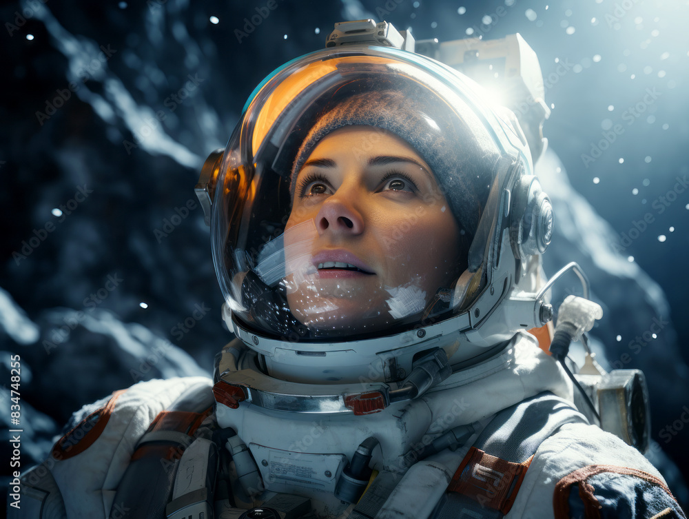 Poster astronaut in space suit against a starry space background, evoking a concept of exploration. generat