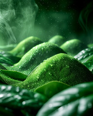 A green leafy plant with water droplets on it. The image has a calming and peaceful mood