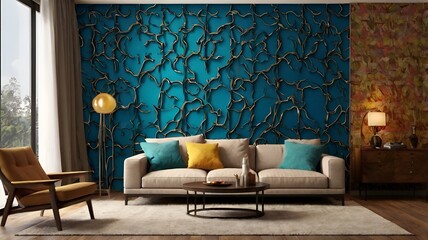 Granater Ai  Living room with blue wall, couch, and coffee table. Bright and cozy space for relaxation and entertainment.
