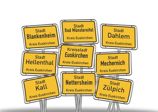 Ortsschilder, St&auml;dte, Kreis Euskirchen, freigestellt als PNG