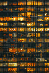 An office building at night, filled with glowing windows like the lights of an urban cityscape, captures the symmetrical arrangement and grid effect. 