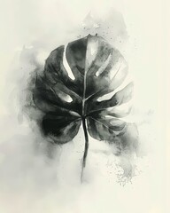 Monochromatic illustration of a tropical leaf using watercolor technique. Artistic depiction of nature's simplicity and elegance.