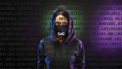 Cyber attack swg text in foreground screen, anonymous hacker hidden with hoodie in the blurred...