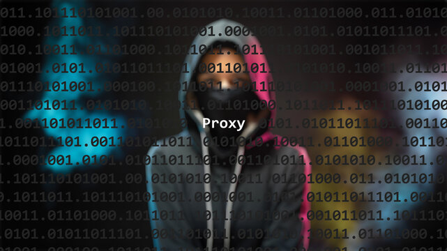 Cyber attack proxy text in foreground screen, anonymous hacker hidden with hoodie in the blurred background. Vulnerability text in binary system code on editor program.