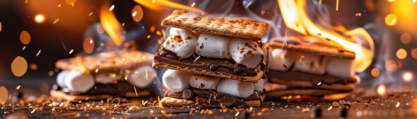 Smores, roasted marshmallows with chocolate between graham crackers, campfire in the American woods - Powered by Adobe