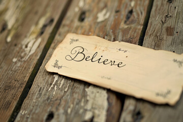 "Believe" Sign on Weathered Wooden Surface