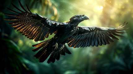 A black bird with a yellow beak flying through a forest. The bird is surrounded by green leaves and branches