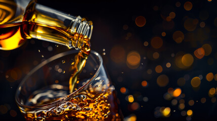 Close-up of whiskey being poured into a glass. An expensive alcoholic drink is poured into a container. Drinks concept. Golden color.