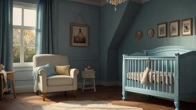 baby room with blue nuances with one white sofa