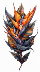Vibrant tropical bird of paradise flower with bold orange and blue petals artistically depicted against a white background.