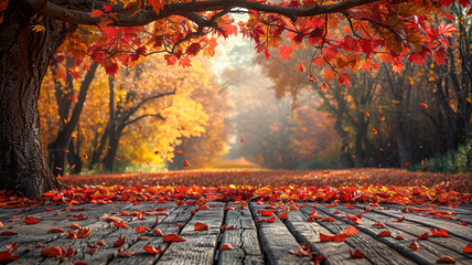 landscape autumn fall lake sunset maple tree, foliage, wooden table wallpaper background
