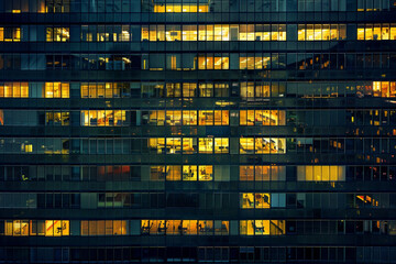 An office building at night, filled with glowing windows like the lights of an urban cityscape, captures the symmetrical arrangement and grid effect. 