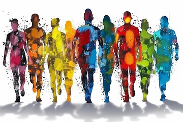 Diverse figures rendered in rainbow colors marching together, symbolic of unity and diversity.