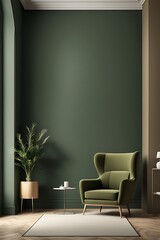  Elegant Living Room or Business Hall in Deep Green with Olive and Beige Brown Luxury Armchair in Premium Reception Area with Olive Green Background

