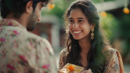 Fototapeta premium Young indian man giving gift to her wife or girl friend