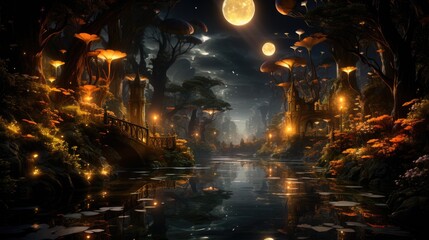 Obraz premium Mystical magical forest at night with glowing lights