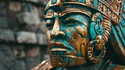 Fototapeta premium The AI-generated photo shows a close-up of a Mayan statue with turquoise and gold features. The statue is made of stone and has a very detailed and realistic appearance.