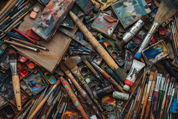 Flat lay with a used artistic tools - paintbrushes, palette knives, tubes of paint . AI generative