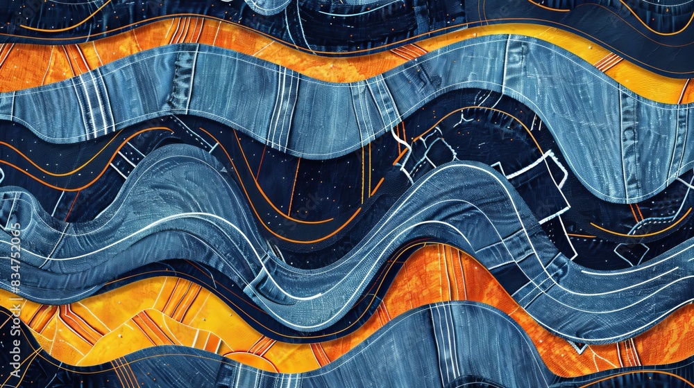 Poster abstract art featuring wavy patterns denim texture vivid orange accents, creating dynamic colorful v