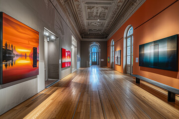 A gallery set in a historic building, showcasing modern art juxtaposed against classical...