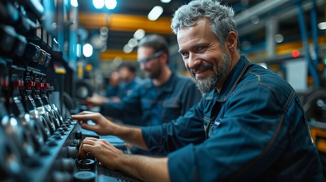 Inside a modern repair shop, a mechanic programming a computerized alignment machine, with other mechanics discussing repair strategies in the background.
