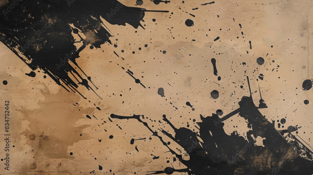 Poster abstract black ink splashes and strokes on a brown background, creating a chaotic and artistic desig