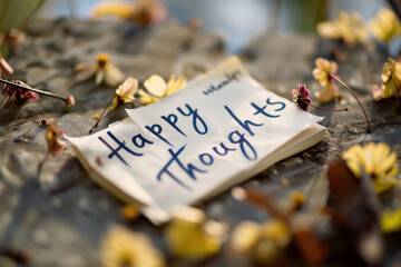 Handwritten "Happy Thoughts" Note with Fallen Flowers