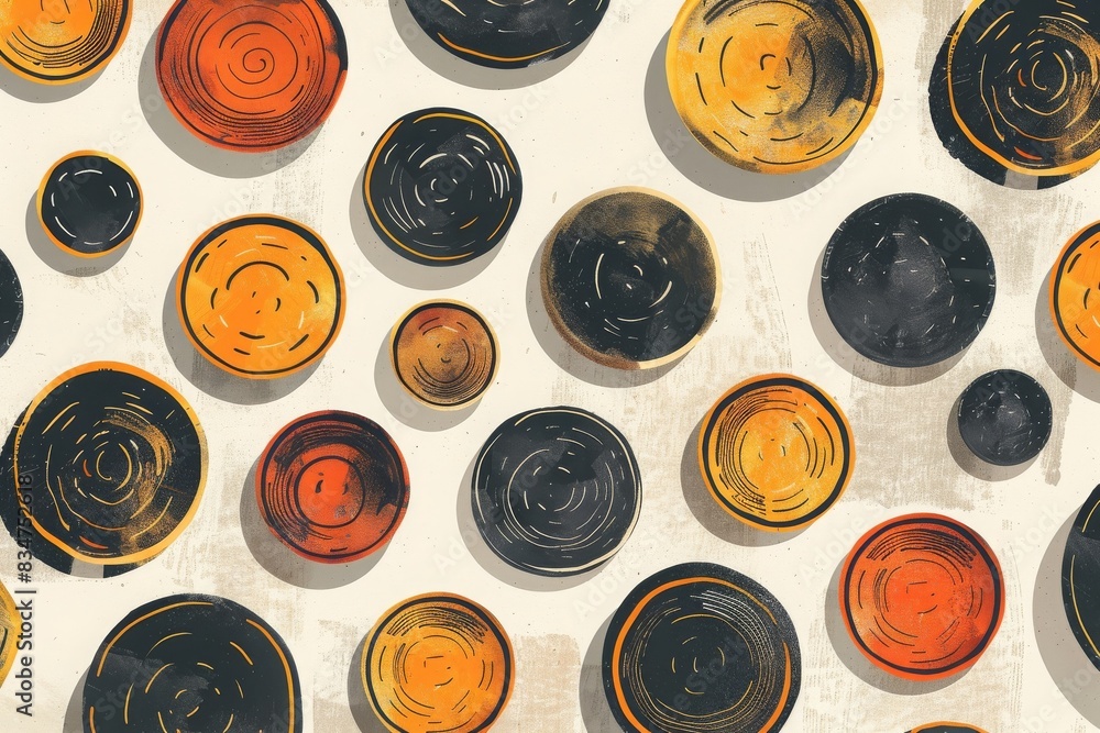 Poster abstract circular pattern with varying shades of orange, brown, and black on a neutral background, c