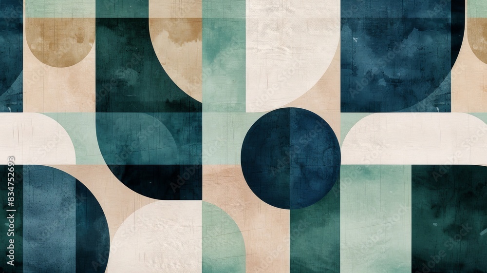 Poster abstract geometric pattern with circles and rectangles in teal, blue, beige, and white tones. perfec