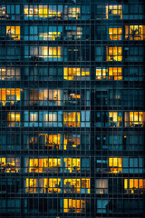 An office building at night, filled with glowing windows like the lights of an urban cityscape, captures the symmetrical arrangement and grid effect. 