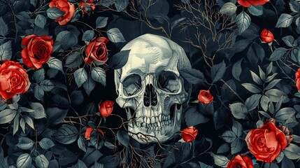Skull with Red Roses and Dark Leaves Artistic Illustration
