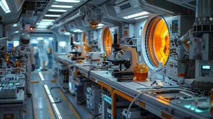 A space stationâ€™s medical research lab, with scientists analyzing biological samples in zero gravity, advanced microscopes, and floating lab equipment.